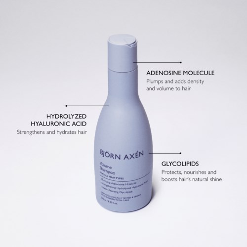 Een wit flesje met labels die ingrediënten uitleggen die haarvolume, kracht, hydratatie en glans verbeteren.