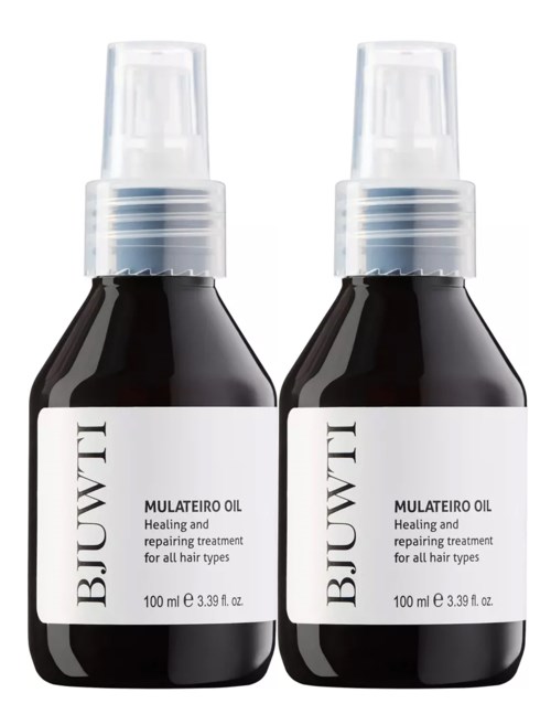 Twee flessen mulateiro-olie voor haarherstel, elk 100 ml, zwarte flessen met witte labels.