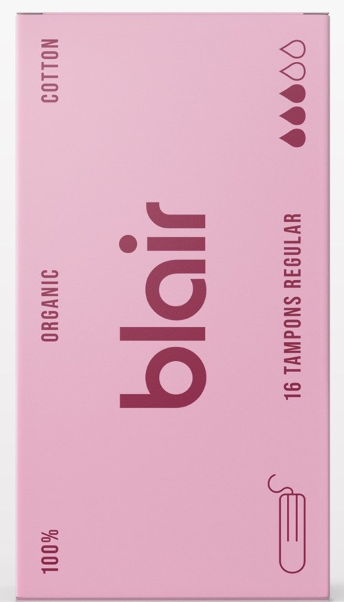 Pink tampon box with the brand name balir, 16 regular cotton tampons, organic, 100% natural, and a small tampon illustration.