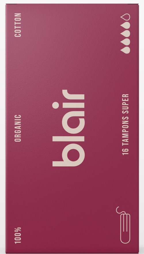 A maroon box of organic cotton tampons with white text indicating 16 super tampons and a small tampon illustration.