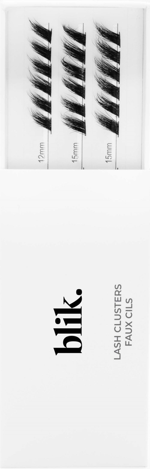 Drie sets wimperextensions in verschillende lengtes: 12mm, 15mm en 15mm, met branding en productdetails.