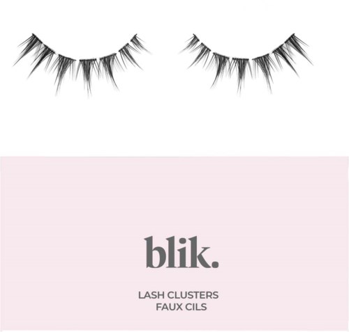 Illustratie van nep wimpers en een roze doos met tekst voor wimperclusters en faux cils.