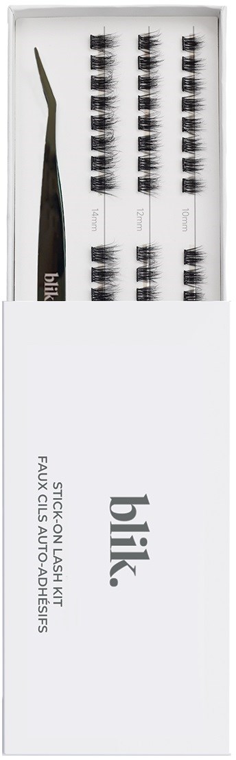 Een set met pincet en meerdere kleine borstels voor wimperverlenging in een wit doosje met "blik".