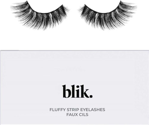 Fluffy zwarte faux eyelashes met een gebogen vorm, in verpakking met "blik." voor wimperverlengingen.