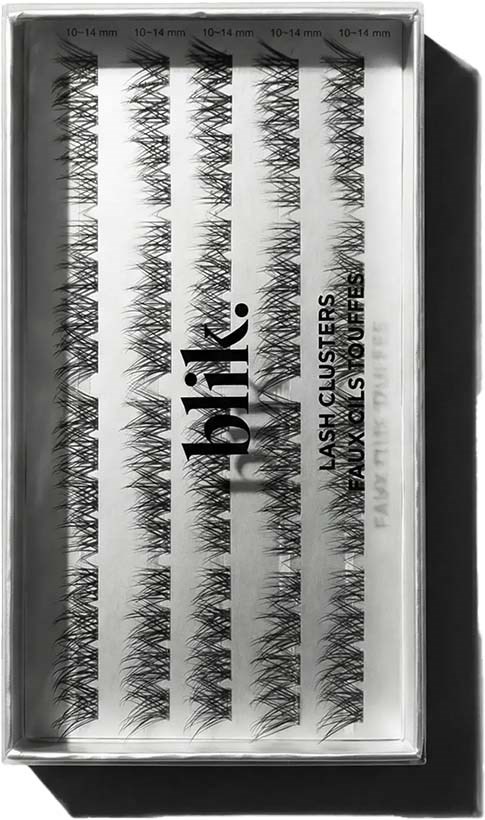 Box with multiple false eyelash clusters labeled 10-14 mm, used for makeup or eyelash extensions.