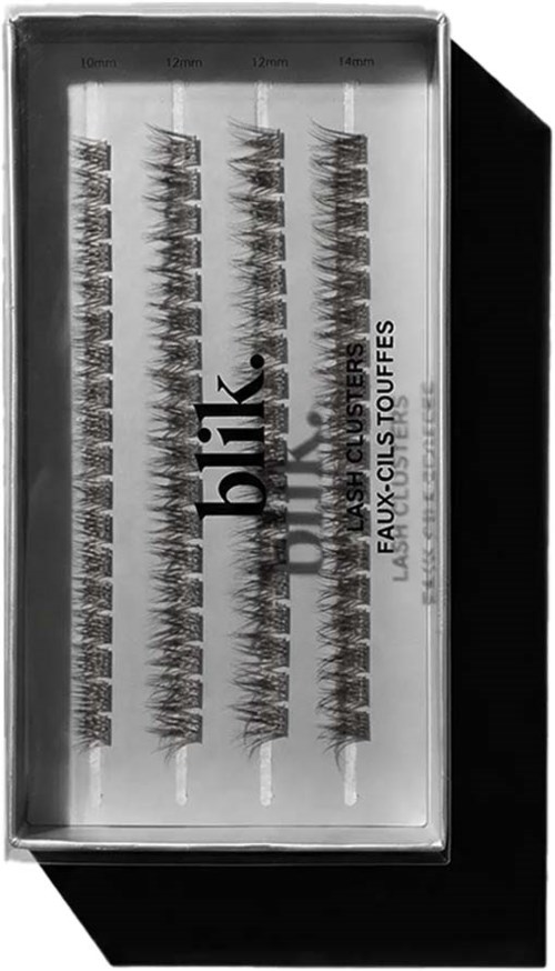 A box containing false eyelash clusters labeled in French, arranged in five rows with different lengths.