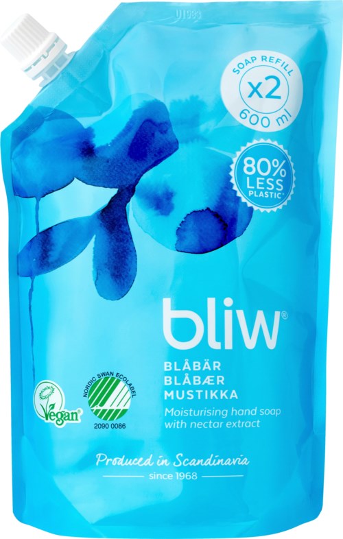Täyttöpussi kosteuttavasta käsisaippualiuotteesta, sisältää 600 ml, ympäristöystävällinen, vegaani, tuotettu Skandinaviassa vuodesta 1968.
