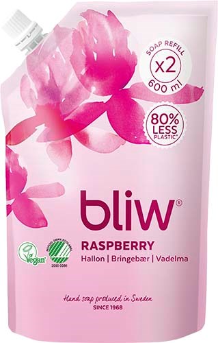 Pinkki käsisaippuapakkaus vadelman tuoksuisena, uusiokäytettävänä, vegaaninen, biologisesti hajoava, valmistettu Ruotsissa vuodesta 1968.