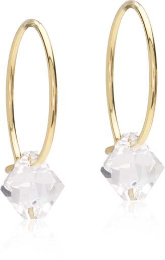 Gold hoop earrings with a clear gemstone hanging from each.