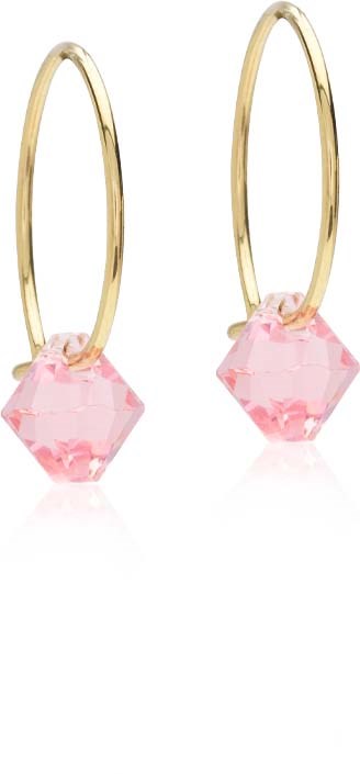Gold hoops with pink cube-shaped charms hanging from them.