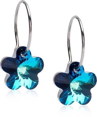 Blue flower-shaped earrings with hooks and shiny stones.
