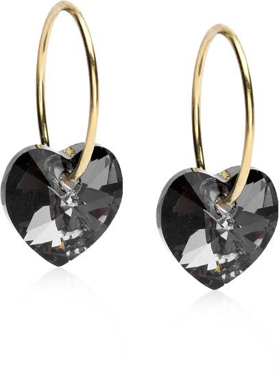 Heart-shaped black gemstones hang from gold hoops in this jewelry image.