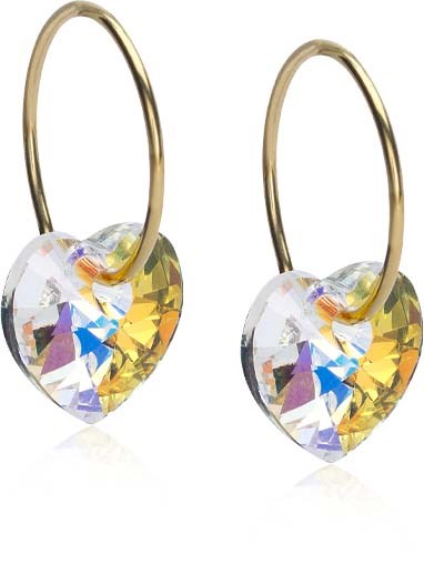Golden hoops with heart-shaped, sparkly, multicolored gemstones.
