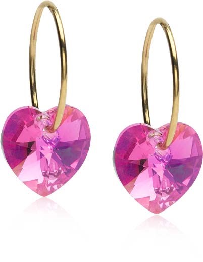 Heart-shaped pink earrings with gold hoops.