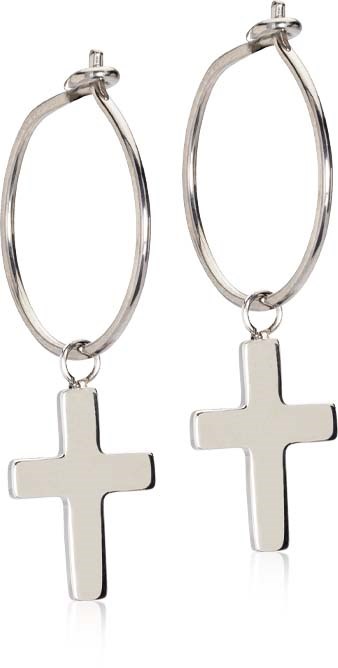 Silver hoop earrings with cross pendants hanging from them.