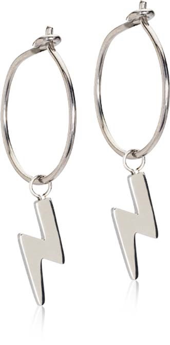 Silver hoop earrings with lightning bolt charms hanging from each hoop.