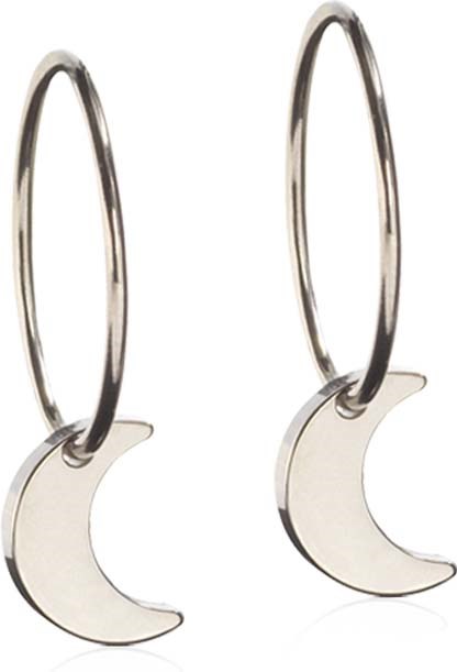 Silver earrings shaped like crescent moons hanging from hoops.