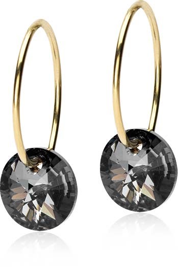 Gold earrings with black gemstone dangles hanging from thin hoops.