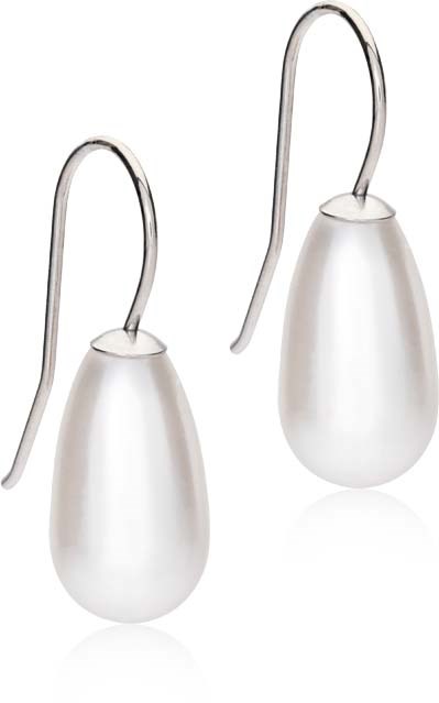 Silver teardrop-shaped earrings with hooks, shiny and smooth, hanging freely.