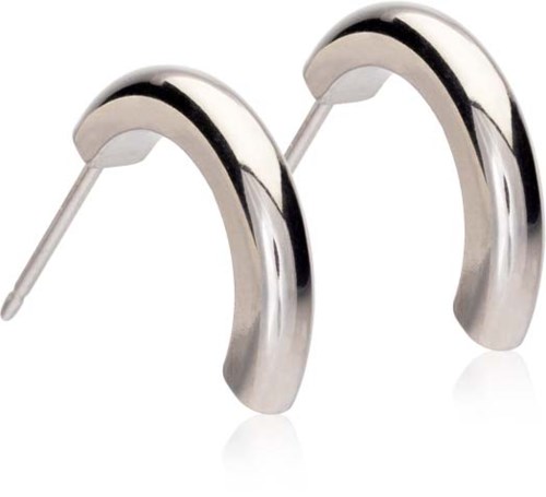 Silver, curved earrings with black lines, shiny surface, and post backs.