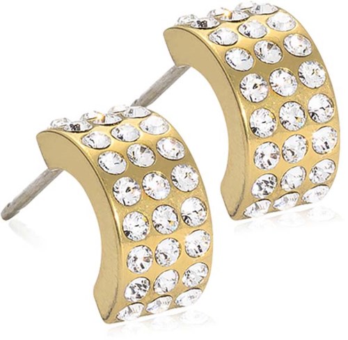 Gold earrings decorated with many small clear stones in a curved shape.