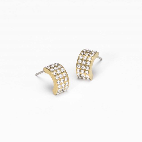 Gold and silver earrings with many small, shiny stones arranged in a pattern.