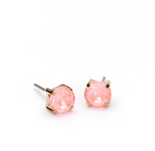Pink gemstone earrings with gold prongs on a white background.