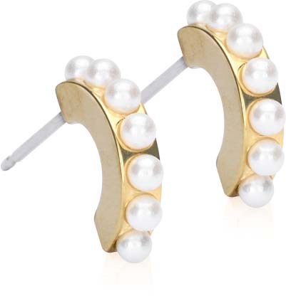 Guldörhängen med vita pärlor, böjd form och studs bakåt.