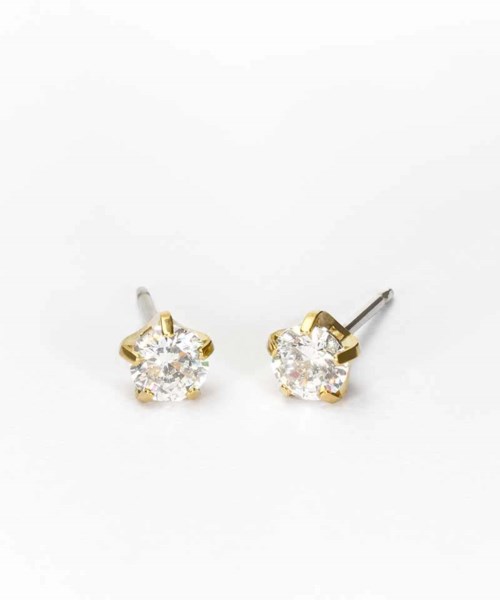 Gold stud earrings with large clear sparkling stones on white background.