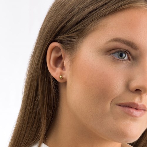 A young woman with long brown hair, fair skin, and blue eyes is smiling softly, wearing small earrings.
