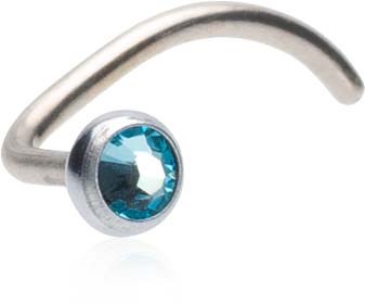 A silver nose ring with a blue gemstone in the center, curved shape, simple and stylish design.