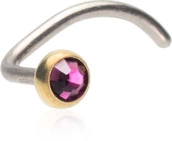 A nose ring with a gold setting and a purple gemstone.