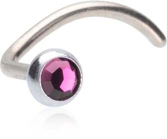 A small, curved metal piece with a purple gemstone at the end, likely a piece of jewelry.