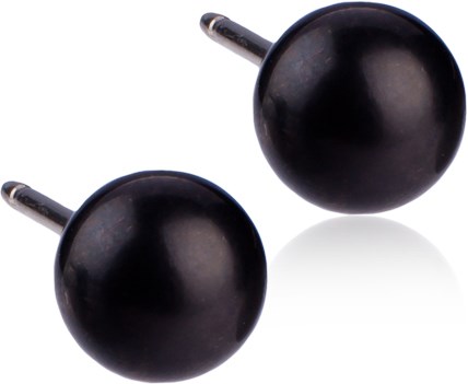 Two black round pushpins with metal pins. They are shaped like small balls.