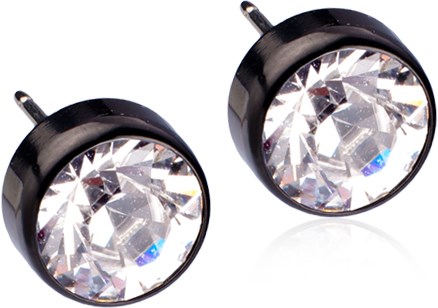A pair of earrings with large clear gems set in black metal. They are shiny and round.