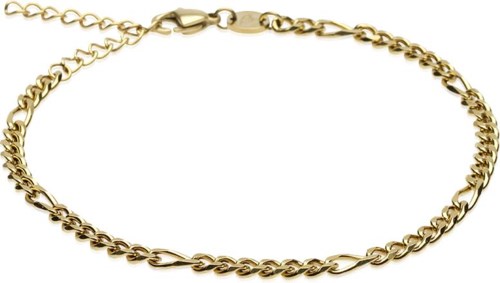 Ett gult armband med ett fäste, enkelt och glänsande. Det är tunt och har en klassisk design.