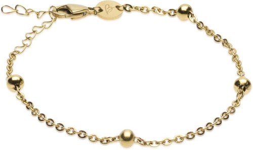A gold chain bracelet with small balls and a heart-shaped clasp.