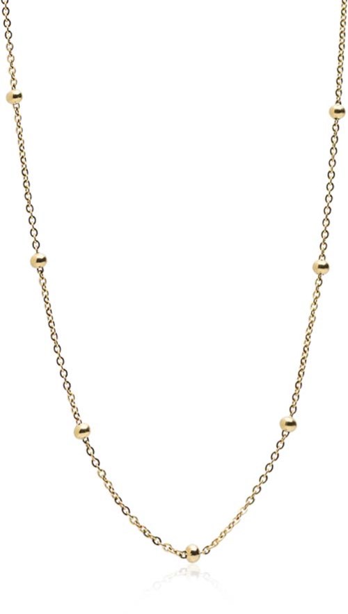 A gold necklace with small beads evenly spaced along the chain.