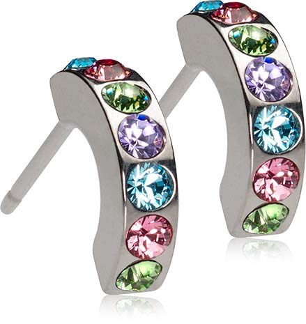 Silver earrings with colorful, shiny gemstones arranged in a row. The stones are pink, green, purple, and blue.