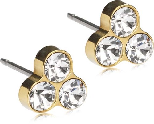 Guldsmycken med tre stora klara ädelstenar vardera. Enkel, elegant, med en metall- och gnistrande design.