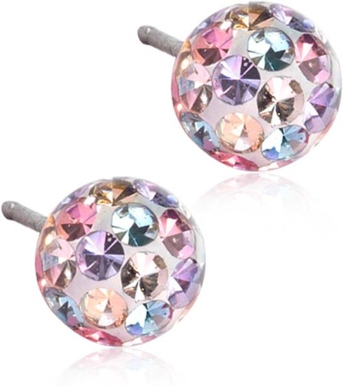 Colorful stud earrings with shiny, gem-like stones in pink, purple, blue, and clear shades.