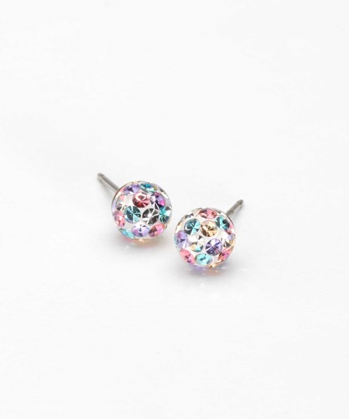 Colorful, round earrings with shiny gems, lying on a white background.