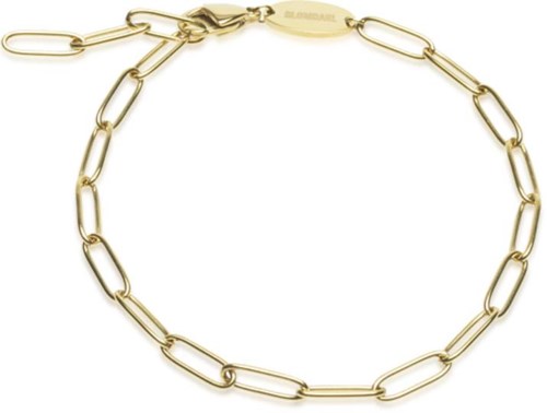 A gold chain with large oval links and a clasp. The chain is arranged in a circular shape.