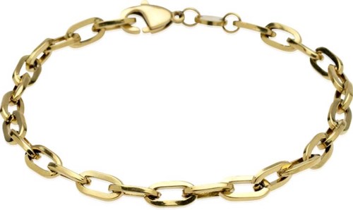 Ett guldkedjarmband med stora, ovala länkar och en krokspänne, ligger platt på en vit bakgrund.