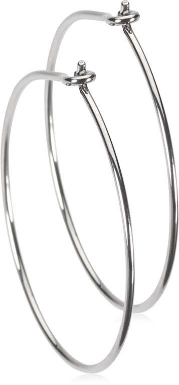 A pair of shiny silver hoop earrings with hinges for wearing.