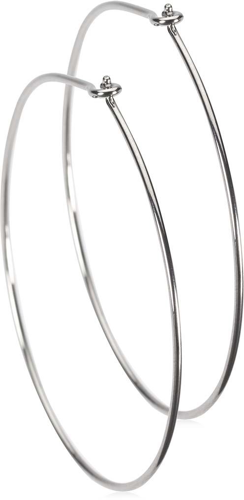 A pair of shiny silver hoop earrings with a thin, round shape.