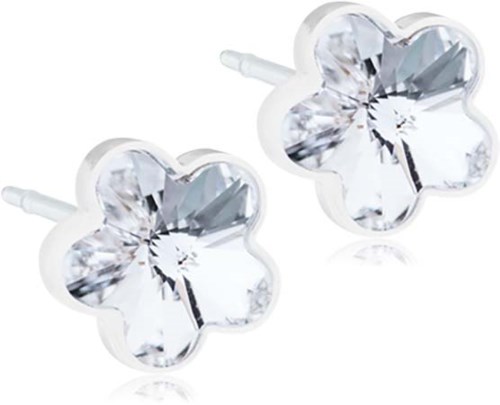Clear flower-shaped earrings with sparkling center stones.