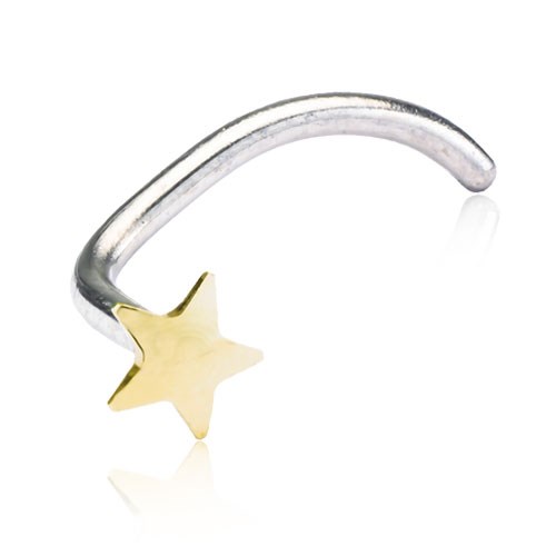 En böjd silverstav med en guldstjärna i ena änden, liknar ett dekorativt smycke.