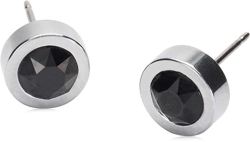 Silver stud earrings with black gemstone centers. Simple and stylish jewelry for the ears.