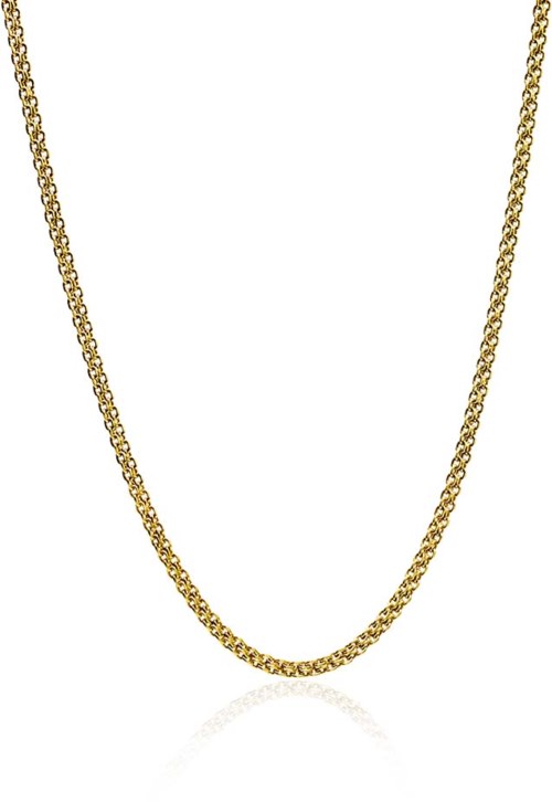 A gold chain necklace on a white background.